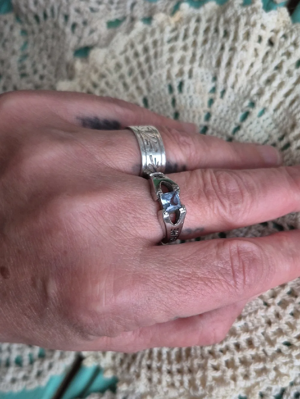 🌙Vintage Jostens Blue Aquamarine Engraved Ring In Box Religious Statement